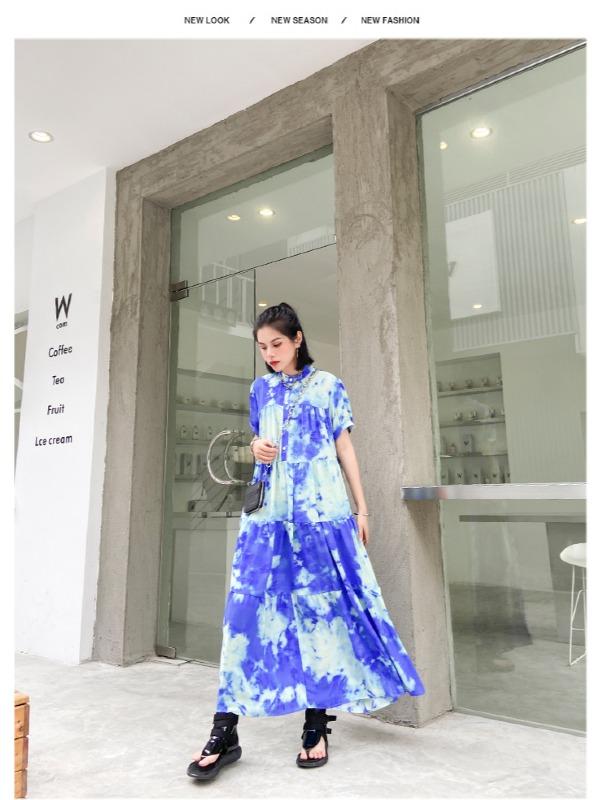 Fashion Tie-Dyed Bishop Sleeve A-Line Dress