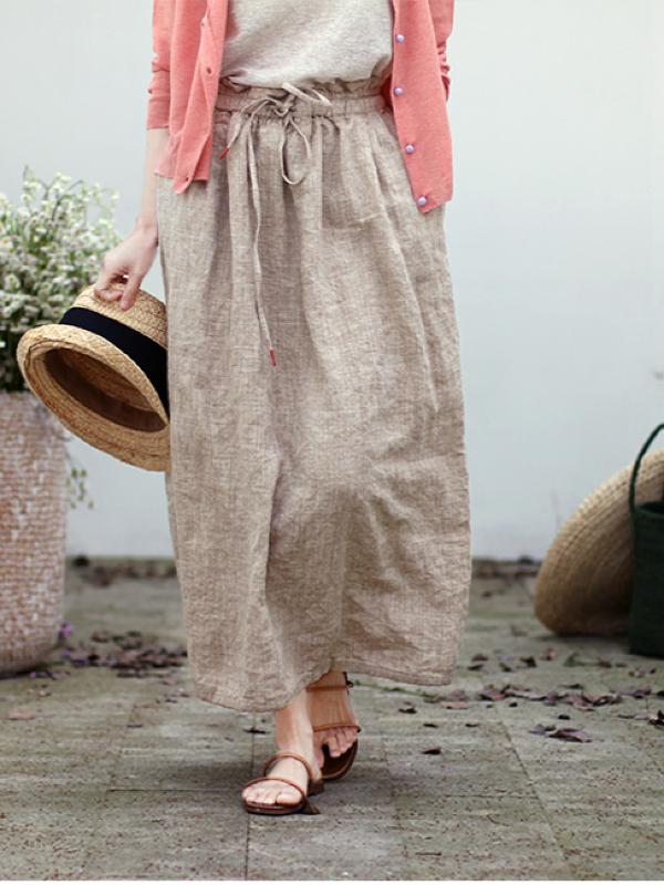VINTAGE SOLID LINEN DRAWSTRING SKIRT