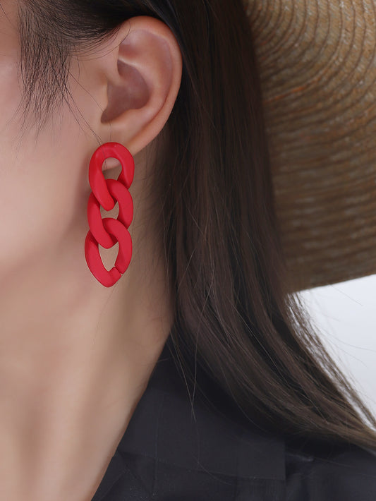 S925 silver needle red acrylic chain earrings