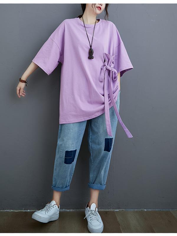 Loose Solid Color Bow-Embellished Half-Sleeve T-Shirt