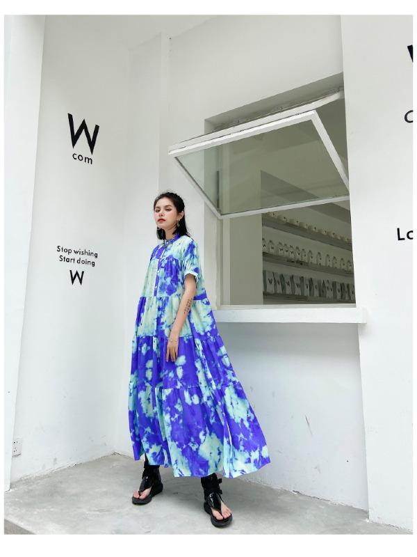 Fashion Tie-Dyed Bishop Sleeve A-Line Dress