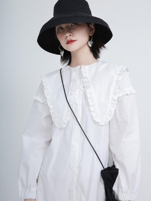 Loose Solid Ruffle Collar Cropped Falbala Dress