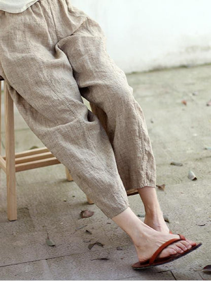 VINTAGE SOLID LINEN ELASTIC WAIST PANTS