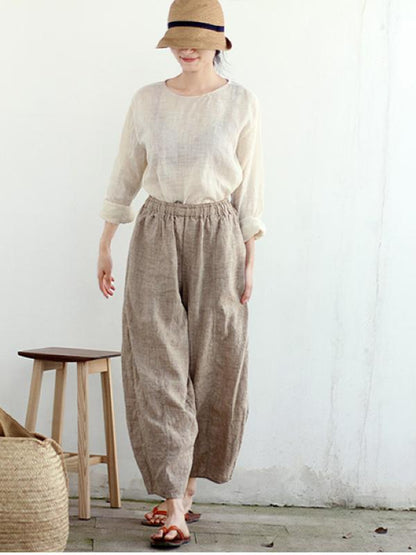 VINTAGE SOLID LINEN ELASTIC WAIST PANTS