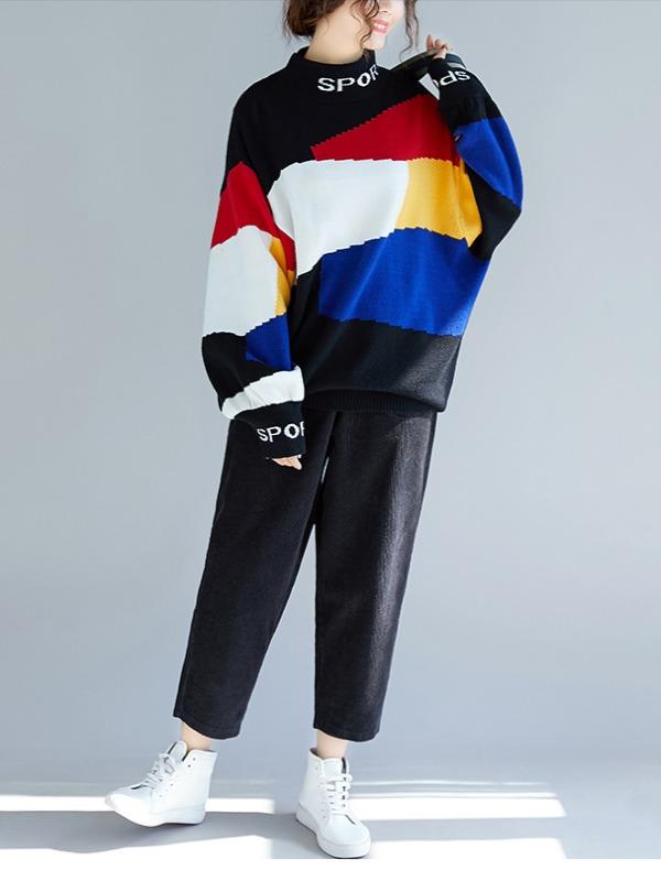 LOOSE CONTRAST COLOR HIGH-NECK KNITTING SWEATER - Zebrant