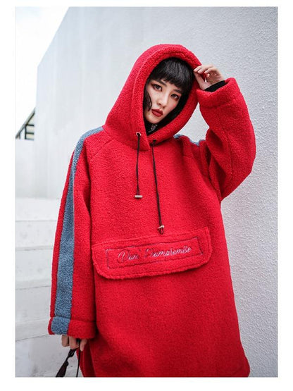 LOOSE EMBROIDERED WOOLEN MID-LENGTH HOODIE - Zebrant