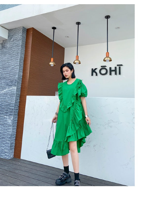 SOLID FALBALA BISHOP SLEEVE ASYMMETRIC MIDI DRESS