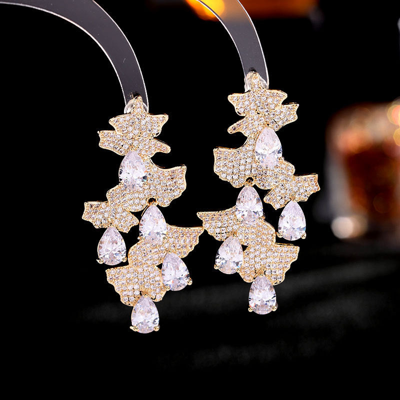 Gingko Leaf Earrings filled with zirconium retro water drops