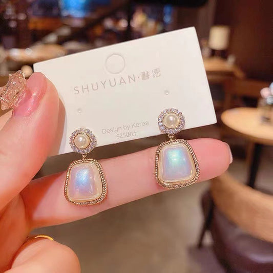 S925 Silver Needle Square Pearl Gold Classic Earrings