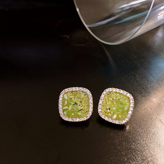 S925 Silver Needle Light Green Crystal Geometric Square Earrings