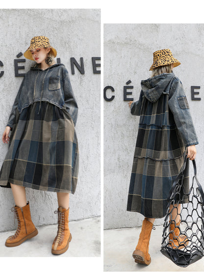 VINTAGE PLAID SPLIT-JOINT HOODIE MIDI DRESS