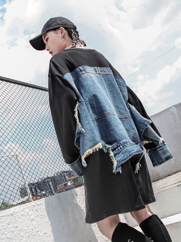 Stylish Loose Jean Cropped Splicing Print Hoodie