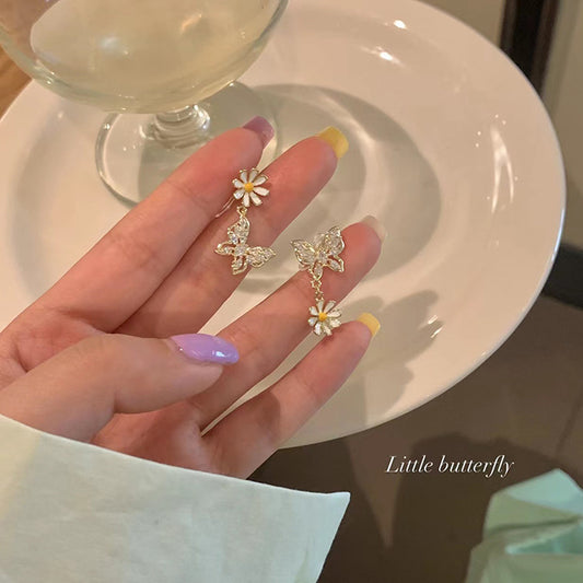 Butterfly flower asymmetric daisy S925 silver needle earrings
