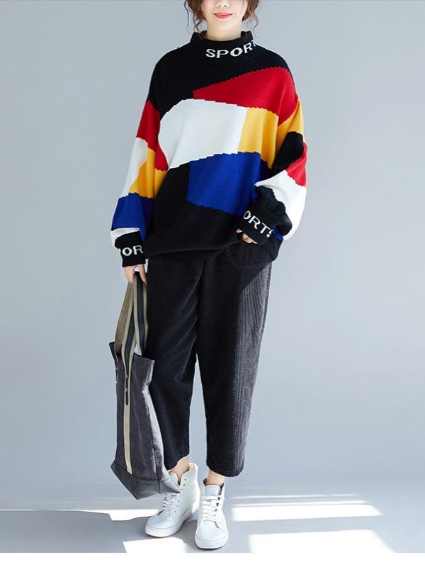 LOOSE CONTRAST COLOR HIGH-NECK KNITTING SWEATER - Zebrant