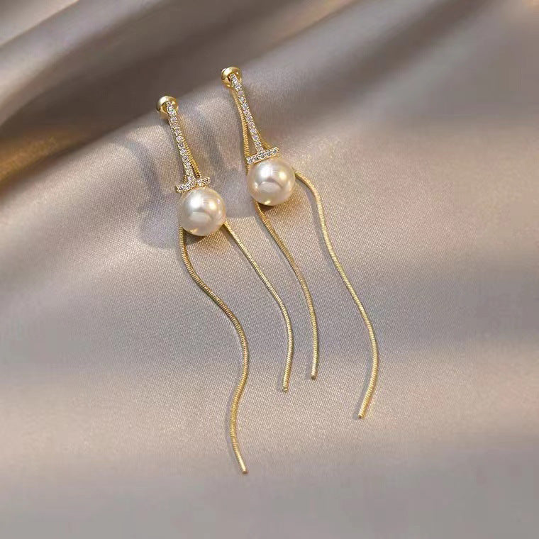S925 silver needle long tassel earrings pearl earrings