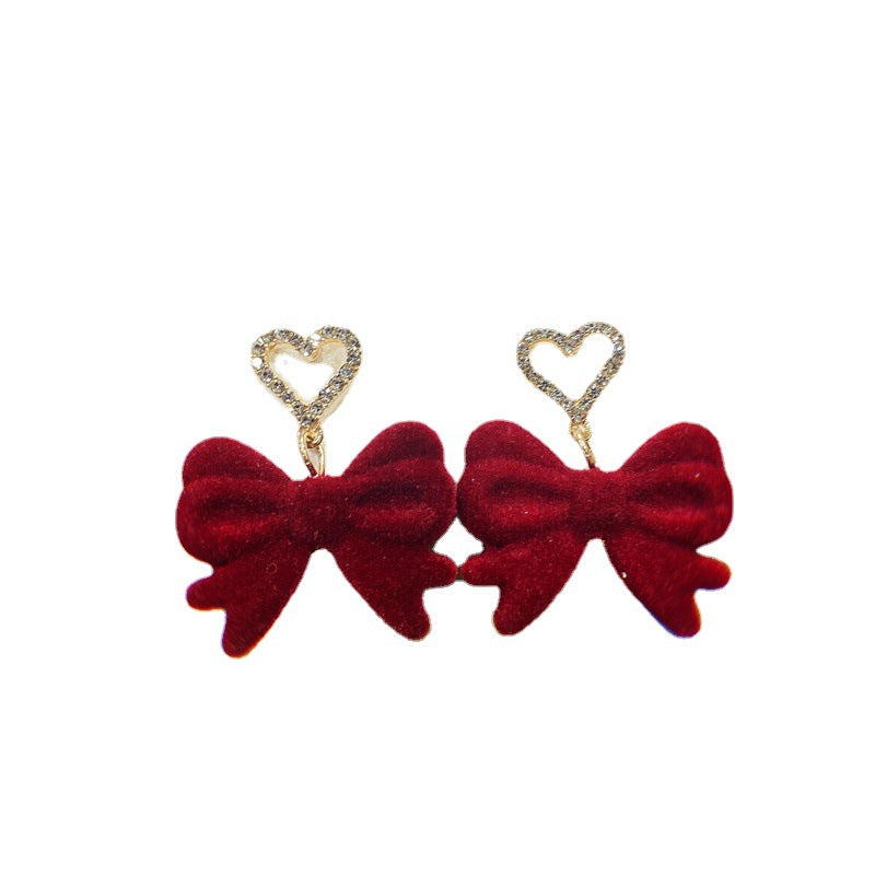 WHOLESALE red retro flocking bow tassel earrings