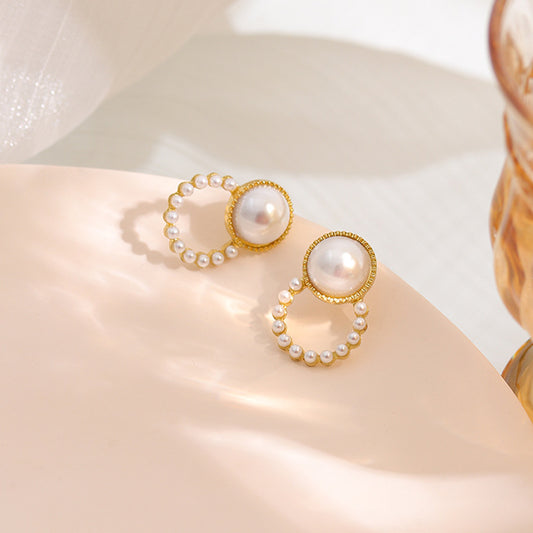 S925 Silver Needle Geometric Round Pearl Earrings