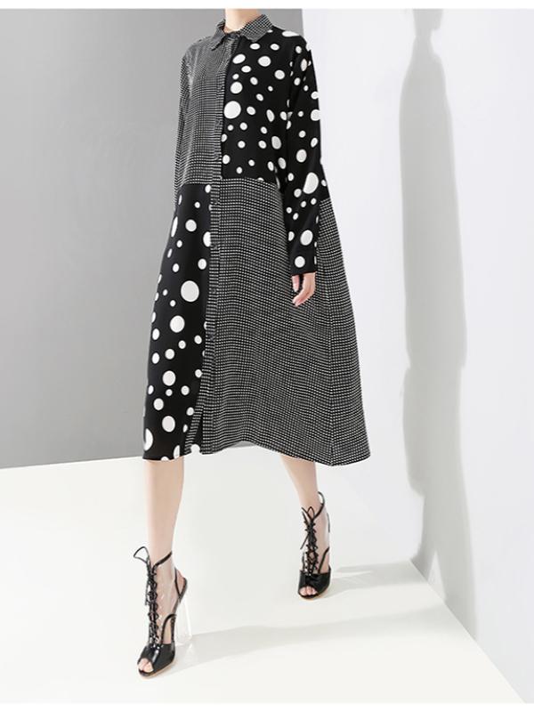 POLKA-DOT SPLIT-JOINT PLAID SHIRT DRESS
