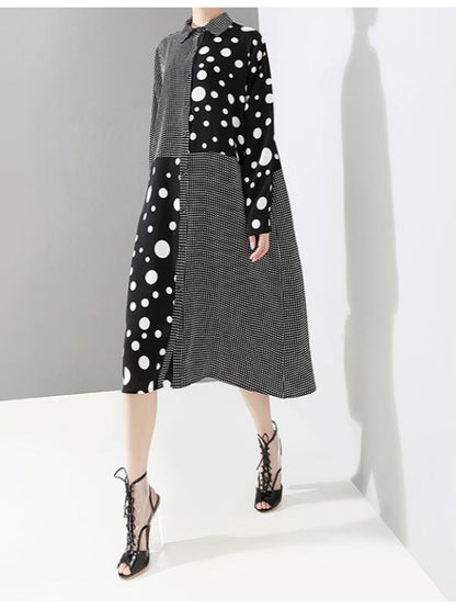 POLKA-DOT SPLIT-JOINT PLAID SHIRT DRESS