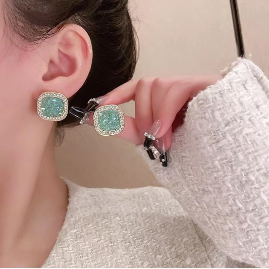 S925 Silver Needle Blue Crystal Square Fashion Earrings