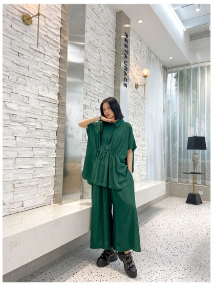 URBAN ELASTICITY BATWING SLEEVE LAPEL TOPS&WIDE LEG PANTS SUITS