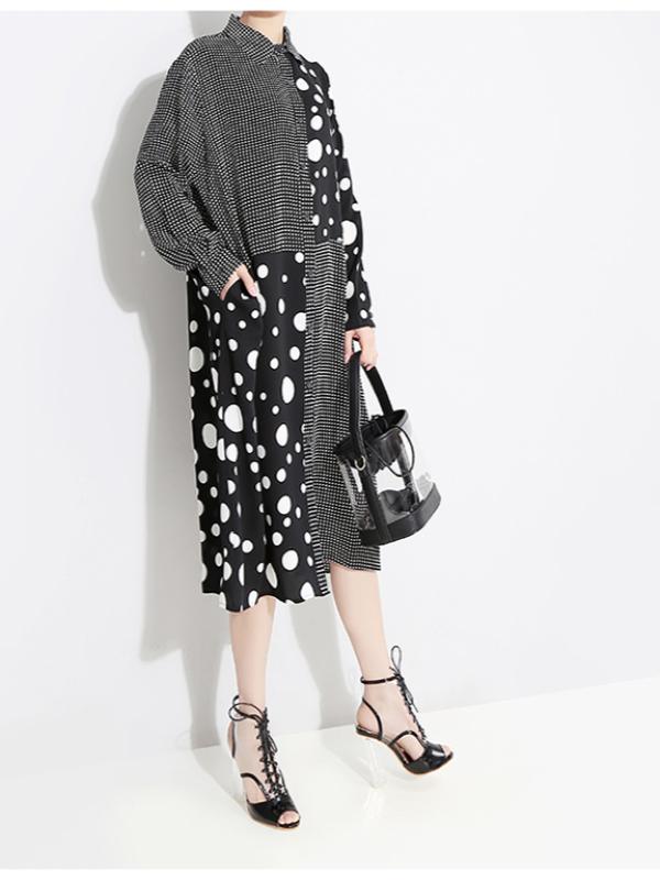 POLKA-DOT SPLIT-JOINT PLAID SHIRT DRESS