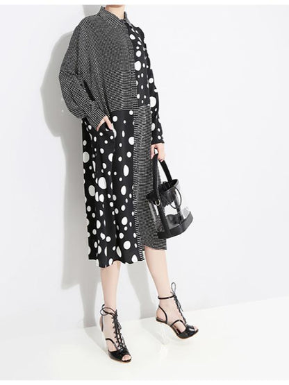 POLKA-DOT SPLIT-JOINT PLAID SHIRT DRESS