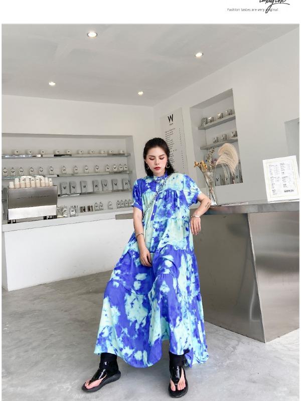 Fashion Tie-Dyed Bishop Sleeve A-Line Dress