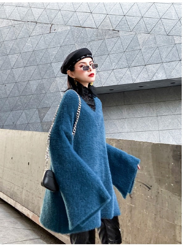 Loose V-Neck Mohair Knitting Sweater