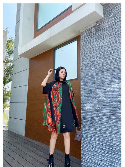 Plus Size Loose Print Cape Short Sleeve Shirt Dress