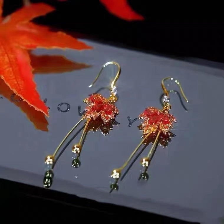 Red maple leaf tassel earrings