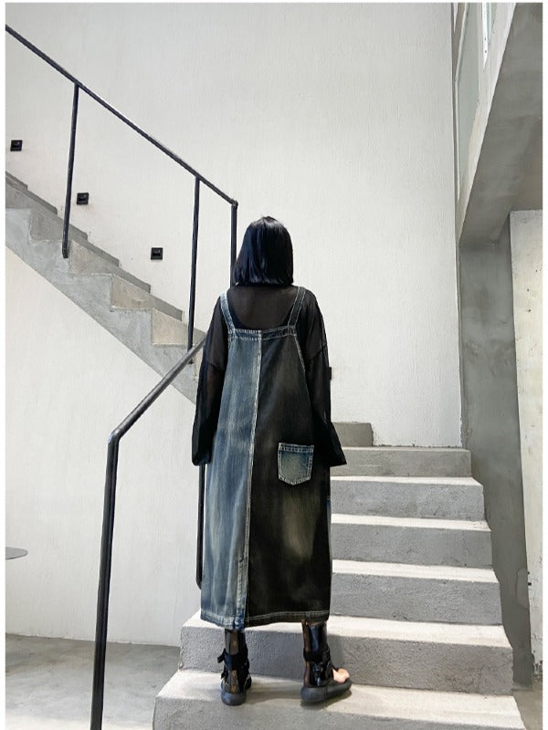 Contrast Color Splicing Sleeveless Jean Dress