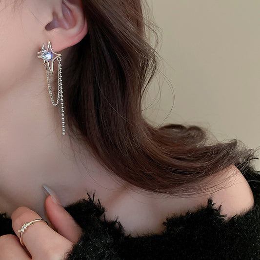 Silver needle with diamond star tassel earrings