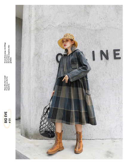 VINTAGE PLAID SPLIT-JOINT HOODIE MIDI DRESS
