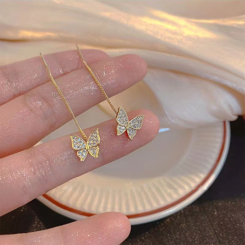 S925 silver pin-set butterfly tassel earrings