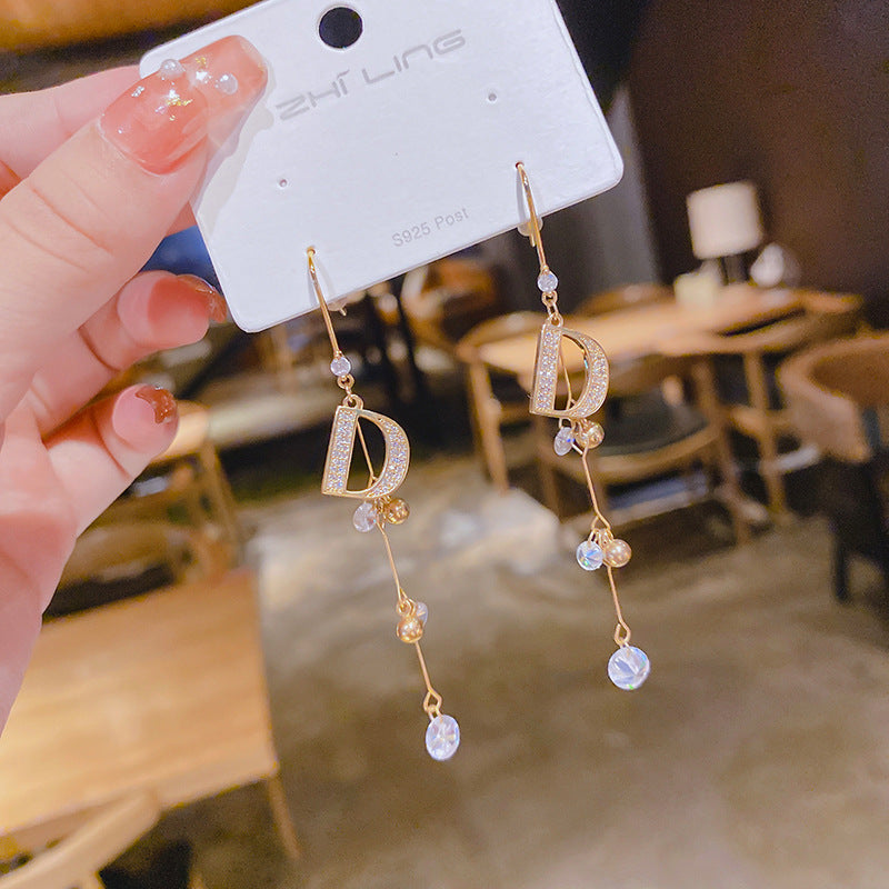 WHOLESALE zircon d letter tassel earrings