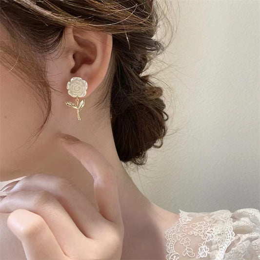 Fashion Asymmetric White Rose Earrings