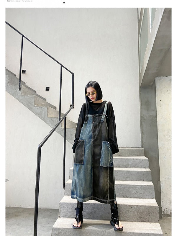 Contrast Color Splicing Sleeveless Jean Dress