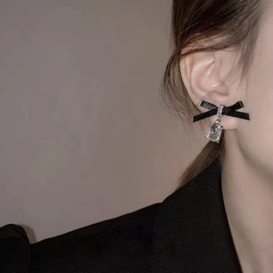 S925 Silver Needle Bow Rhinestone Earrings