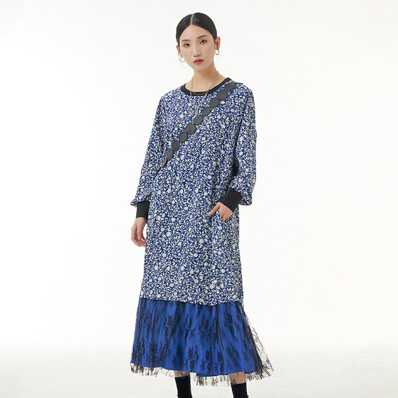 Large size women's fake two-piece cuff design skirt loose slim dress