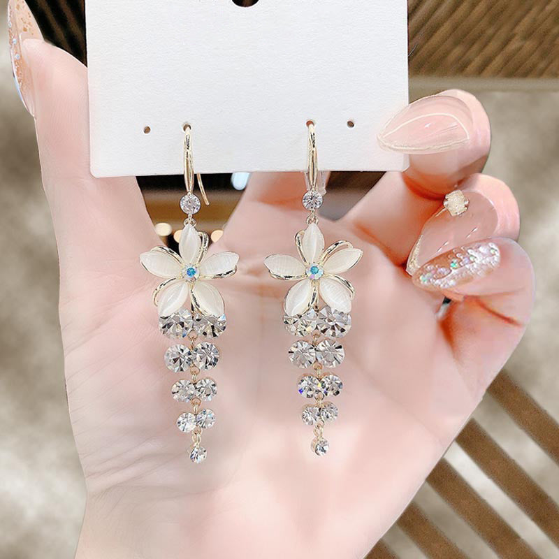 Bowknot geometric tassel long pearl rhinestone earrings