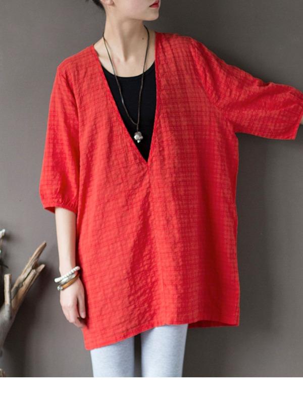 Original Sun-Protection Solid Plaid V-Neck Shirt