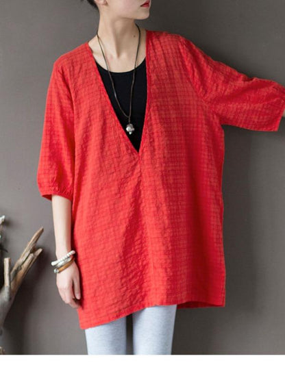 Original Sun-Protection Solid Plaid V-Neck Shirt