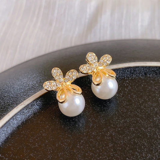 Flower Rhinestone Pearl 925 Silver Needle Earrings