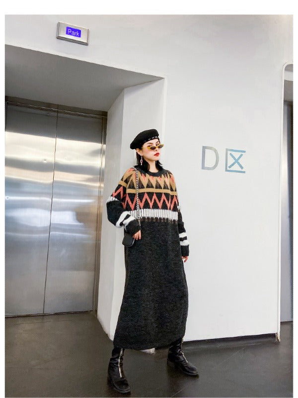 Loose Printed Round-Neck Knitting Sweater Dress