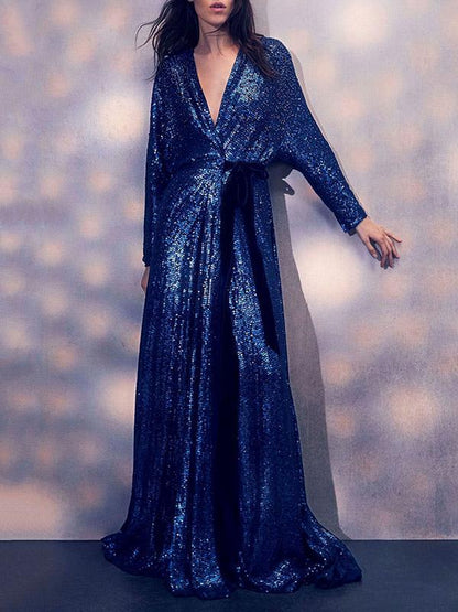 Deep V-neck Belted Maxi Evening Dress