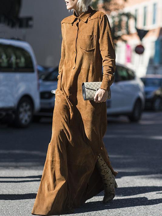 Lapel Collar Long Sleeves Maxi Shirtdress