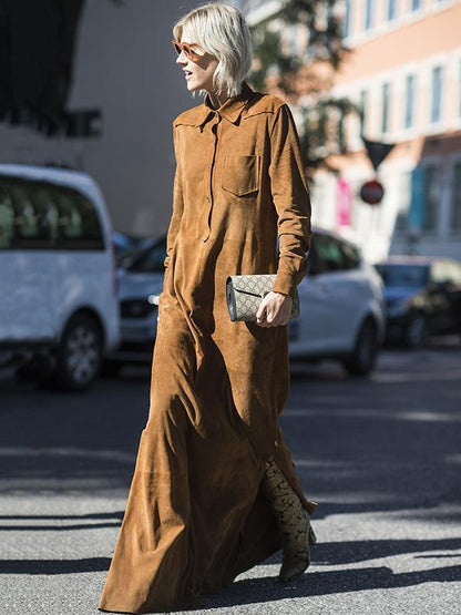 Lapel Collar Long Sleeves Maxi Shirtdress