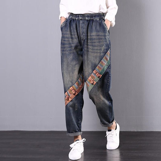 Oblique Patchwork Frog Casual Wild Jeans