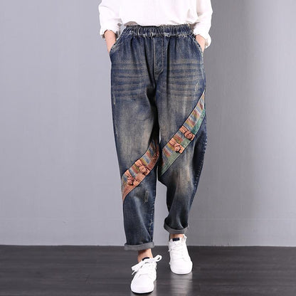 Oblique Patchwork Frog Casual Wild Jeans